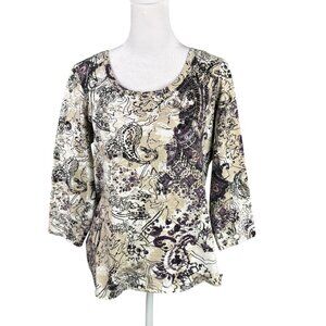 Chico's 1 (US 8/M) Top 3/4 Sleeve Abstract Paisley Tee Shirt Cotton Spandex